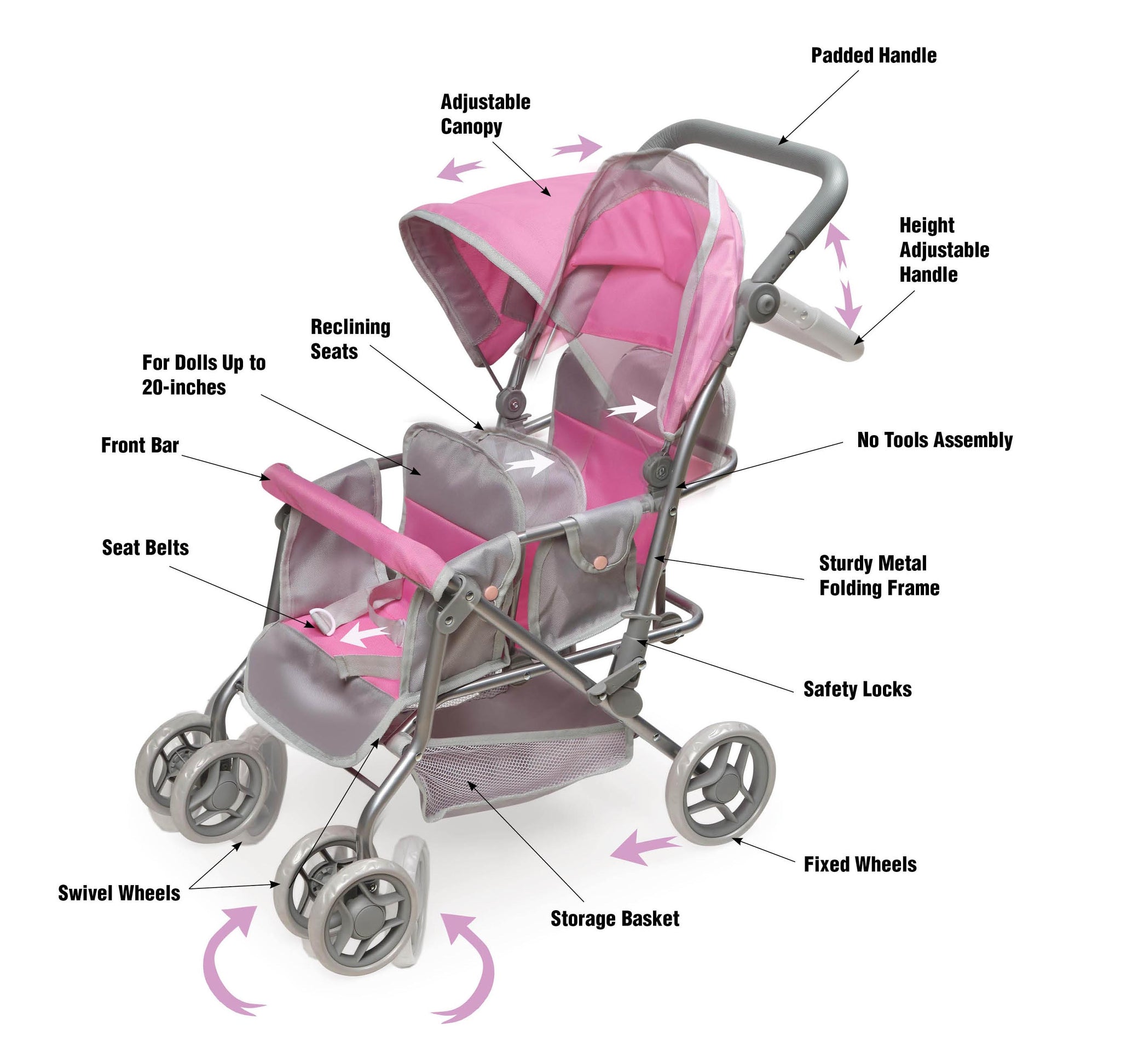 pink double doll stroller Cruise Folding Inline Double Doll Stroller
